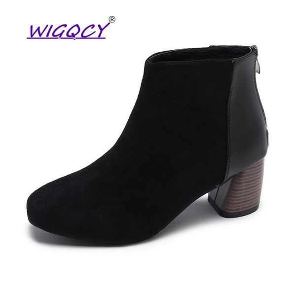 

suede warm short plush ankle boots women shoes 2021 autumn winter fashion square toe zipper female heel, Black