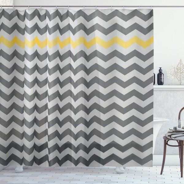 

183 shower curtain set with 12 hooks,chevron gray yellow,machine washable,72" x 72"