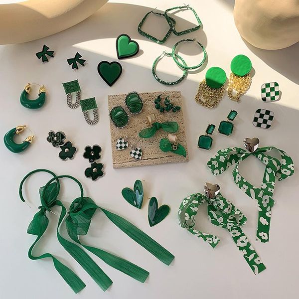 

stud 2021 korean vintage dark green bowknot earrings for women girls temperament flower geometric fashion trend female jewelry, Golden;silver