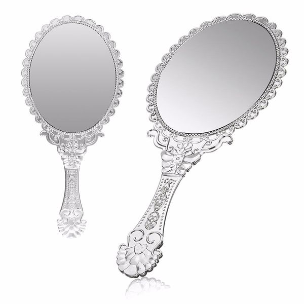 1 pcs prata espelho vintage senhoras floral repousse oval redondo maquiagem mão segure espelho princesa senhora maquiagem beleza vestido presente