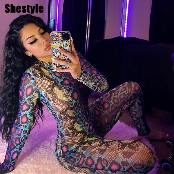 

shestyle jumpsuits snake print women 2021 autumn bodycon fitted outfits button stretchy coloful rompers long sleeve, Black;white