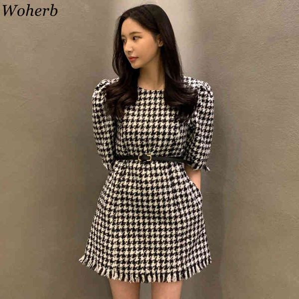 

mini dress women plaid tassel dresses korean chic puff sleeve high waist vintage vestidos femme reobe de fiesta 210417, Black;gray