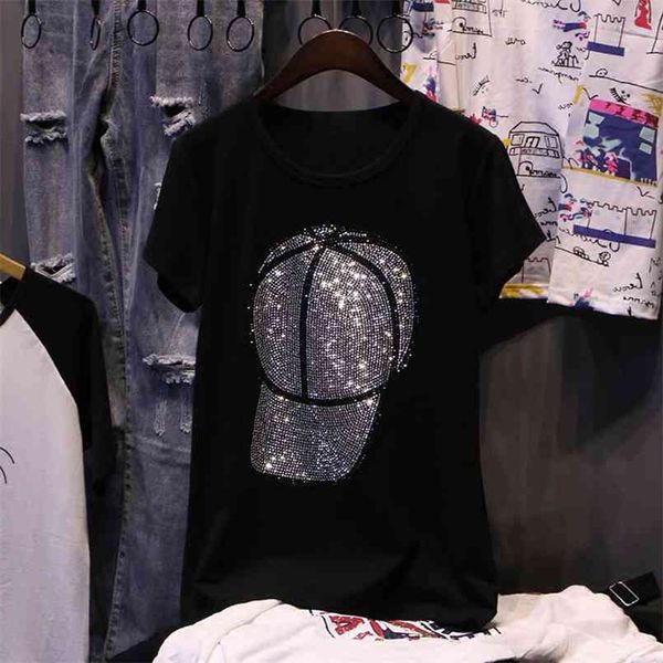 

t-shirts women summer fashion motion ball cap decorate diamonds female clothes plus size short sleeve tee pullover 210708, White