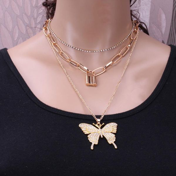 

hip hop jewelry retro simple lock-shaped chain temperament exaggerated diamond cz large butterfly necklace women party gift chokers, Golden;silver