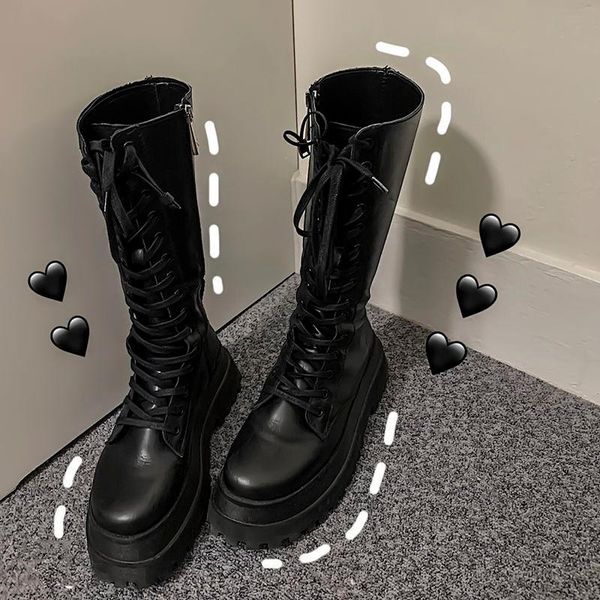 

boots 2021 black cool punk motorcycles female platform wedges high heels calf women shoes lace up
