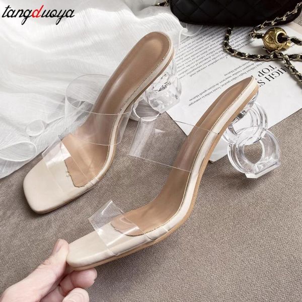 

clear heels slippers women sandals summer shoes woman transparent high pumps wedding jelly buty damskie square 2021, Black