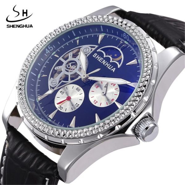 

men automatic watch leather strap band moon phase second hand business mechanical watches wristwatches, Slivery;brown