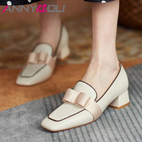 

dress shoes annymoli natural genuine leather woman square toe med heels pumps bow block heel shallow lady footwear spring, Black