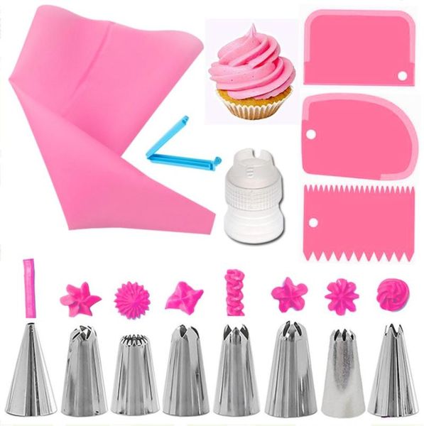 

baking & pastry tools 14pcs cake decorating kit piping tips silicone icing bags nozzles cream scrapers coupler set