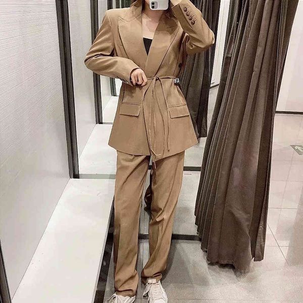 Kadınlar Katı Çentikli Yaka Blazer Bayanlar Uzun Kollu Hırka Lace Up Chic Suits Nedensel Şık Dış Giyim Coat Tops 210510