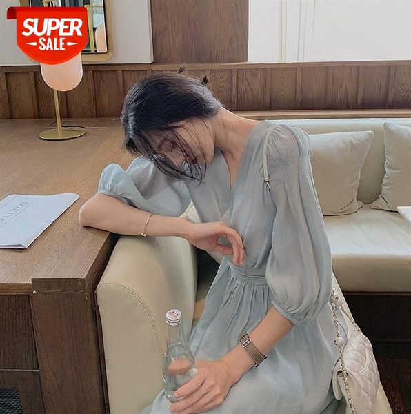 

japanese gentle style dress women french retro tencel v-neck slim puff sleeve long skirt #wa15, Black;gray