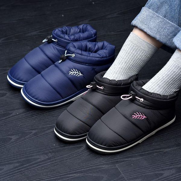 

slippers winter house men down warm boot plush male shoes waterproof couple anti dirty, Black