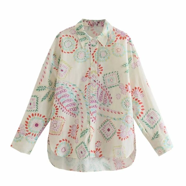 

summer women flower printing side slit linen blouse female long sleeve shirt casual lady loose blusas s8853 210430, White
