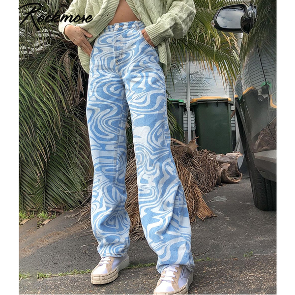 

rockmore zebra pattern high waist womens jeans 90s streetwear trousers baggy leg pants y2k mom boyfriend pants denim capris, Blue