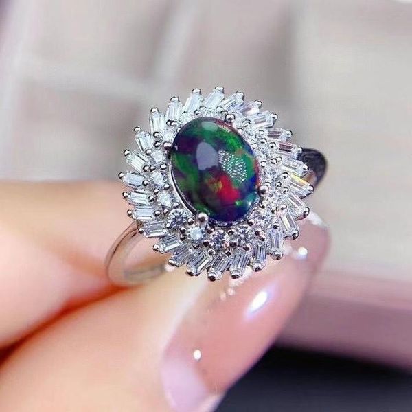

cluster rings mdina natural black opal gem ring beautiful gemstone fireworks color real 925 silver platinum plated oval gemgirl date gift, Golden;silver