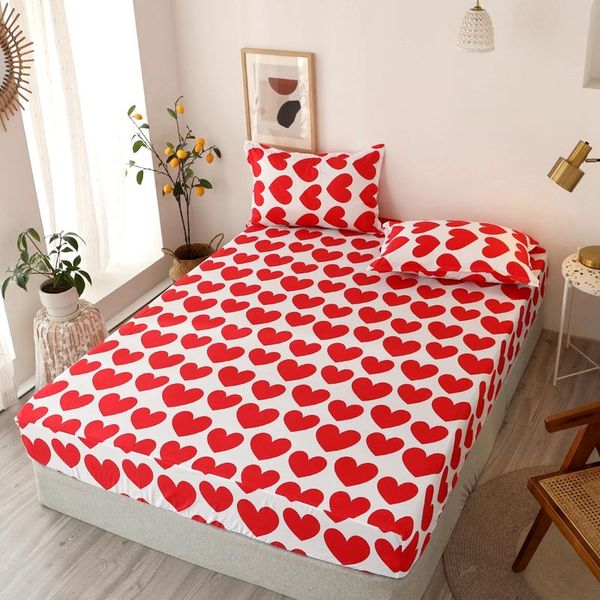 

red love printing fitted sheet with elastic rubber band polyester bed linens mattress cover protec sheets & sets