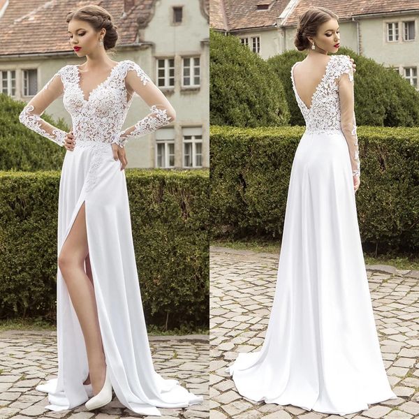 

wedding dress charming side slit v-neck 2021 a-line long sleeve lace appliques chiffon bridal gown backless, White