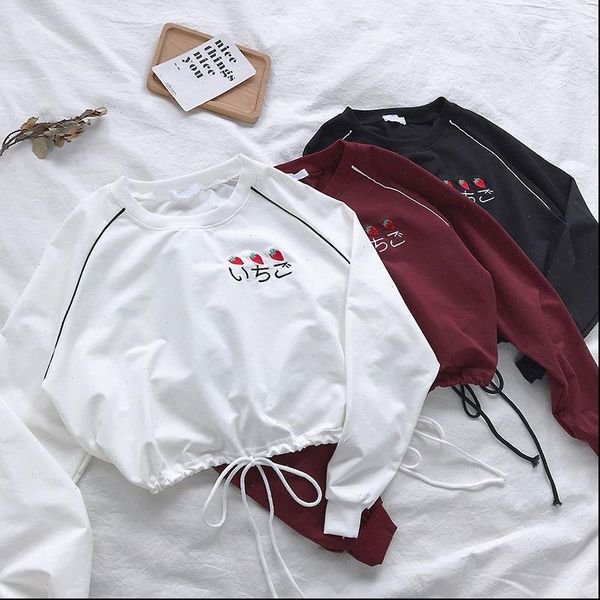 

casual spring autumn long sleeve womens sweatshirt embroidery shirts strawberry short sweatshirts, Black