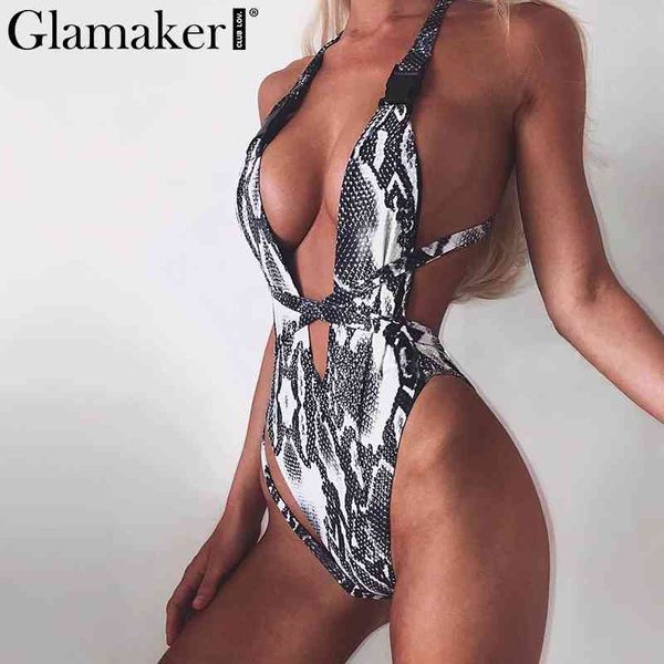 Glamaker Leopard Imprimir Mulheres Vermelhas Swimsuit Sexy Sexy V Neck Fiving Fiving Bandage Leotard Push Up Alto Corte de One-Peça Terno Body 210412