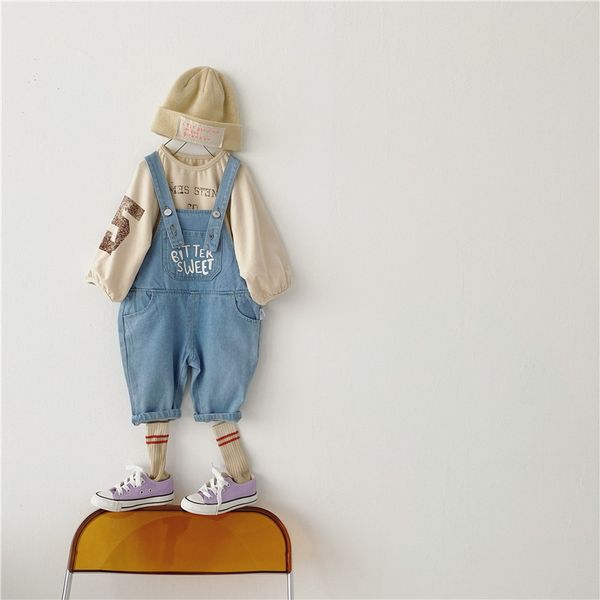 

overalls wholesale spring korean style kids girls sleeveless blue white letter denim pants clothes e3543 bx6l