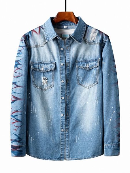 

men splash ink ripped frayed cat scratch denim shirt 28wu#, Blue