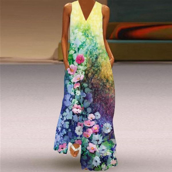 

casual dresses floral print dress women sleeveless v-neck pockets maxi loose summer party long vestidos largos #g2, Black;gray