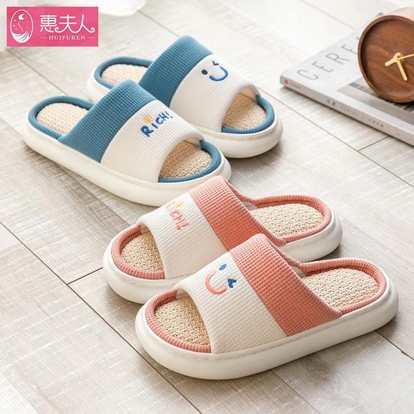 

slippers 2021 four seasons home for women indoor and outdoor lovers thick cotton linen men, Black