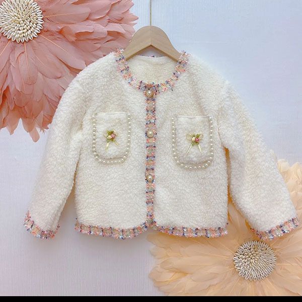 

2021 winter girls' coat lamb wool long sleeve coat cardigan wool pearl round neck plush clothes, Blue;gray