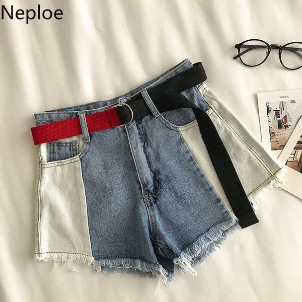 

neploe korean causal jean shorts women 2021 summer contrast color bottoms belt high waist tassel wide leg short feminimos 4c416 women's, White;black
