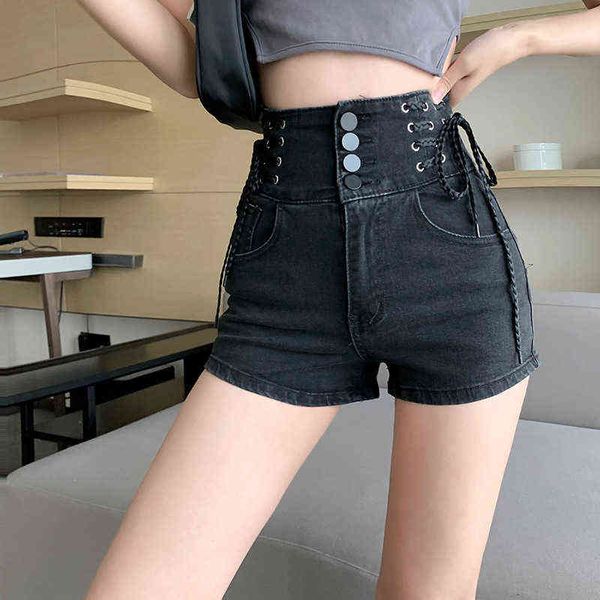 

denim shorts women's slim fit pants summer back hollow out quality high waist tight female elastic short jeans 211129, Blue