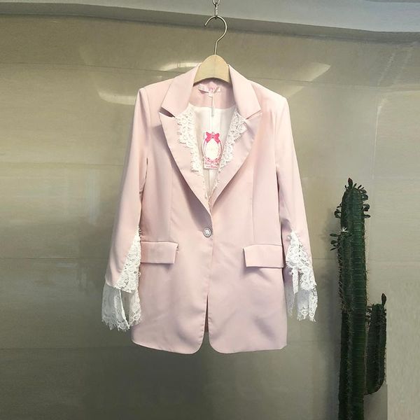 

women's suits & blazers hamaliel women blazer 2021 spring summer pink patchwork lace turn down collar coats fashion split sleev, White;black