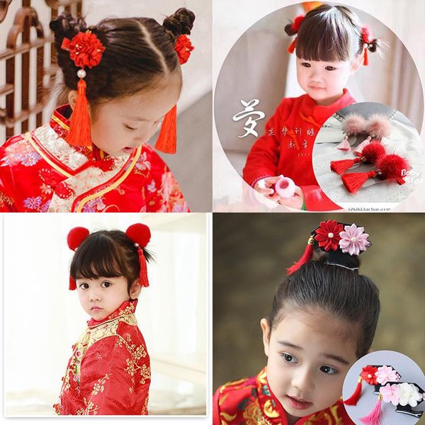 

hair accessories 1or2pcs/set multi style girls clips chinese traditional princess tassels flower hairpins kids, Slivery;white