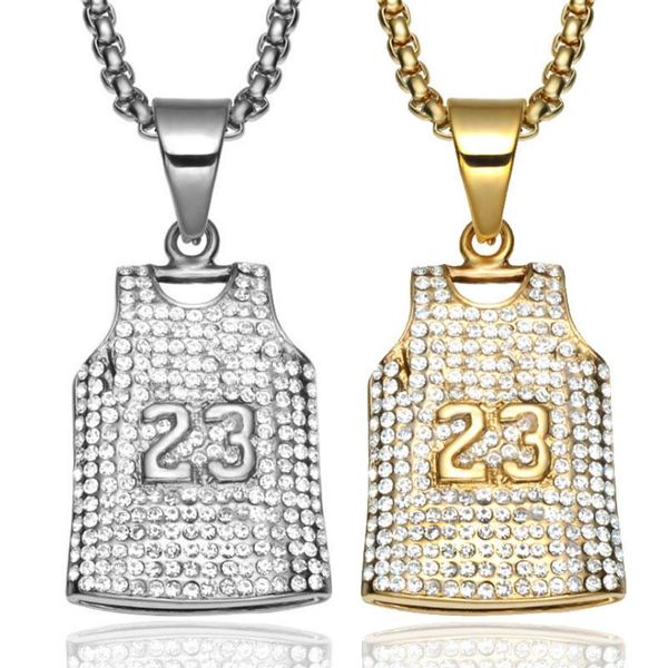 

pendant necklaces iced out basketball jersey necklace gold stainless steel number 23 men sports rock hip hop jewelry, Silver