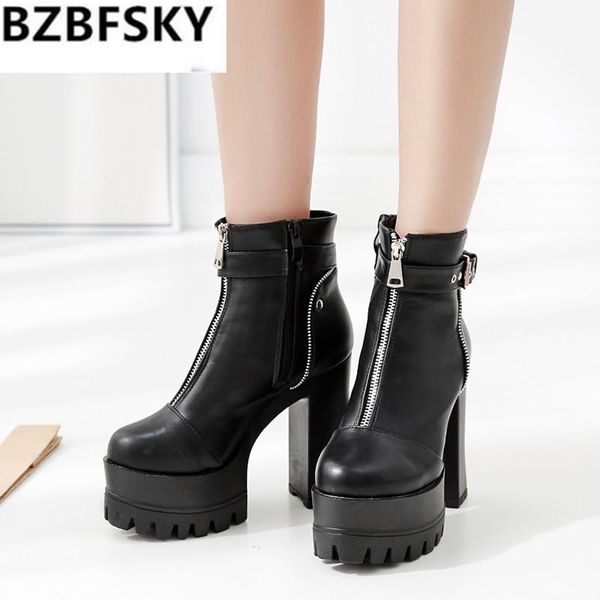 

boots 2021 ultra high platform heels women ankle black female leather shoes round toe ladies party shoe spring