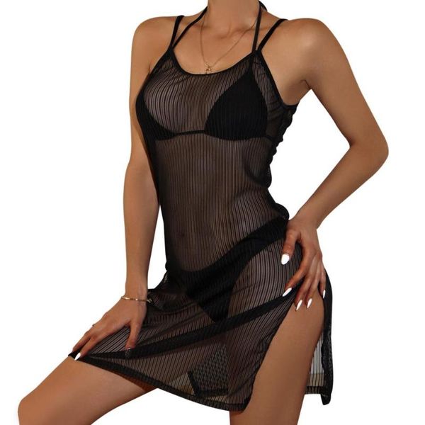 

women's swimwear yiiciovy summer bikini v-neck cover-ups dress women mesh sheer see-through cover-up beach high split mini dresses, White;black