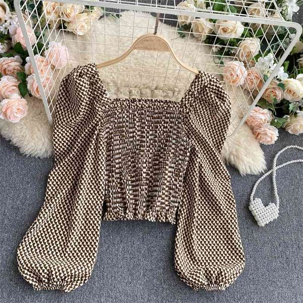 

spring autumn puff sleeve blouse retro square neck stretch slim short plaid shirt uk722 210507, White