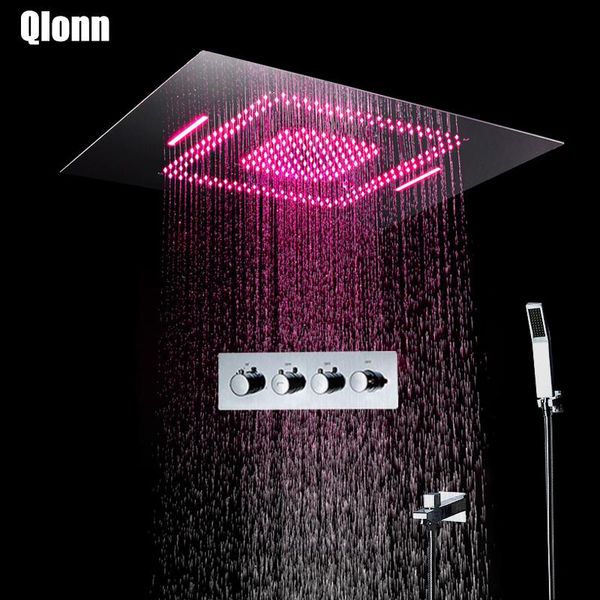 

thermostatic led 64 colors shower set rainfall head bathroom faucets waterfall showers with rectangular shelf sets