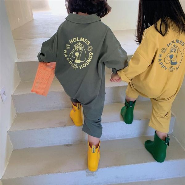 

spring fashion boys girls cartoon turn-down collar long sleeve jumpsuits cute children cotton loose one-pieces bodysuits, Blue