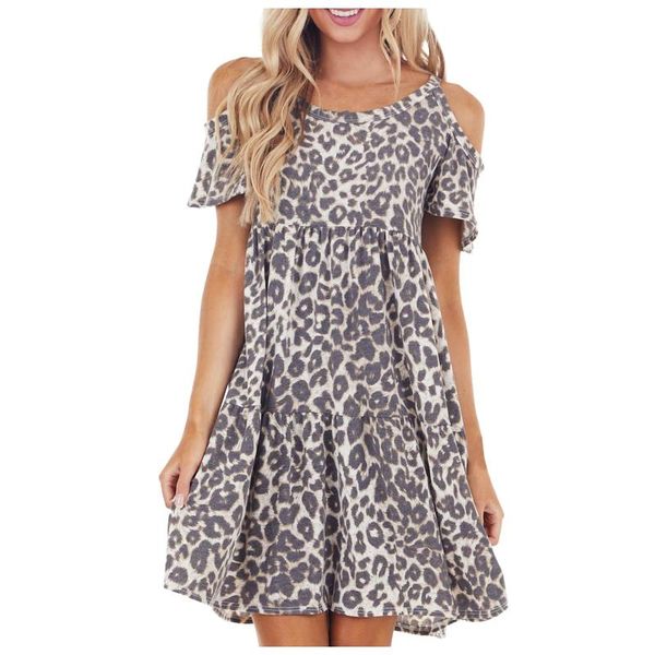 

casual dresses women's leopard print summer off shoulder beach mini for womens round collar high street short sleeve dress, Black;gray