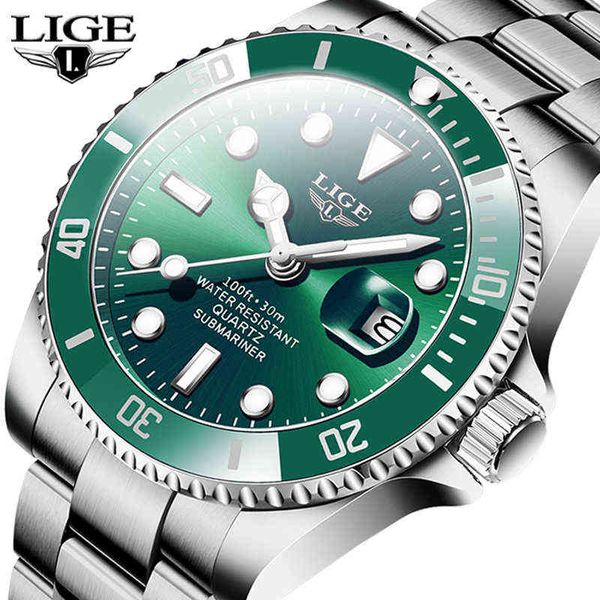 

lige luxury green water ghost men watches brand fashion stainless steel waterproof quartz watch men date sport clock male 210527, Slivery;brown