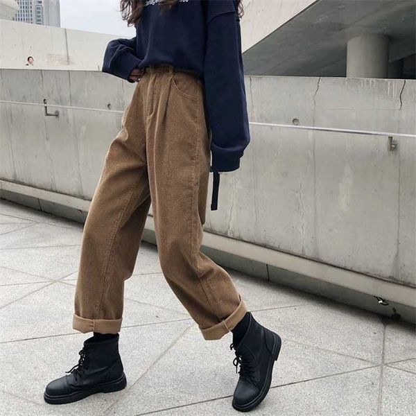 

houzhou women autumn corduroy cargo pants elastic waist vintage harajuku korean casual trousers female 90s streetwear 211216, Black;white