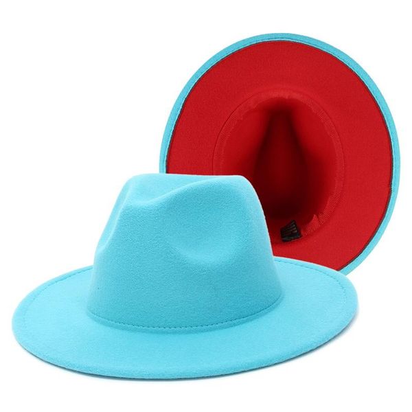 

stingy brim hats two-color patchwork fedora for women fashion wide jazz hat vintage wedding party cap personality, Blue;gray