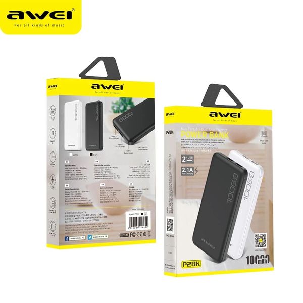 Awei P28K Power Bank 10000mAh Ricarica rapida Poverbank Caricatore portatile Dual USB 2.1A Batteria esterna per Xiaomi Android Phone