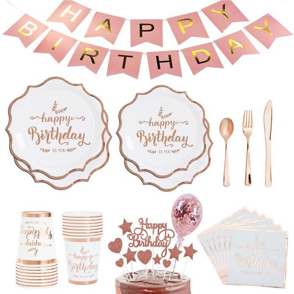 

disposable dinnerware rose gold party paper plate cup tableware birthday wedding bachelor decoration cake flag girl baby shower