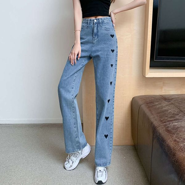 

fashion spring and summer kong style waist thin love embroidery loose tube blue
