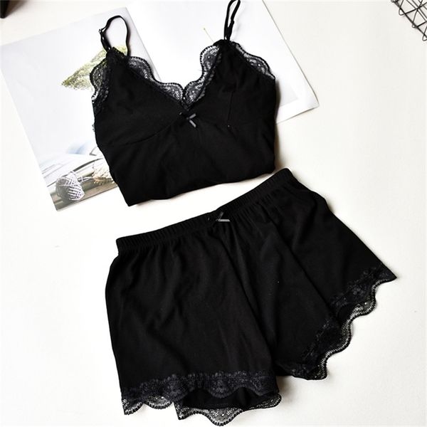 Herislim Dois peça pijamas de algodão sets sexy lace top e shorts pijamas sleepwear de alto elástico pijama sólido nightie casa roupas 210330