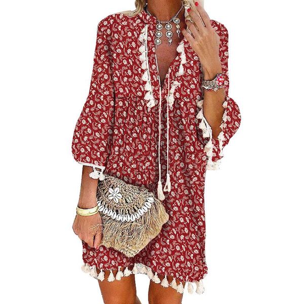 

casual dresses bohemia beach dress women v neck long sleeve loose fit flower sundress short with tassels girls gift, Black;gray