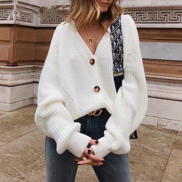 Branco Cardigan Mulheres Inverno Batwing Manga Oversized Sweater de malha oco out knitwear mulheres coreanas suéteres de outono 210521