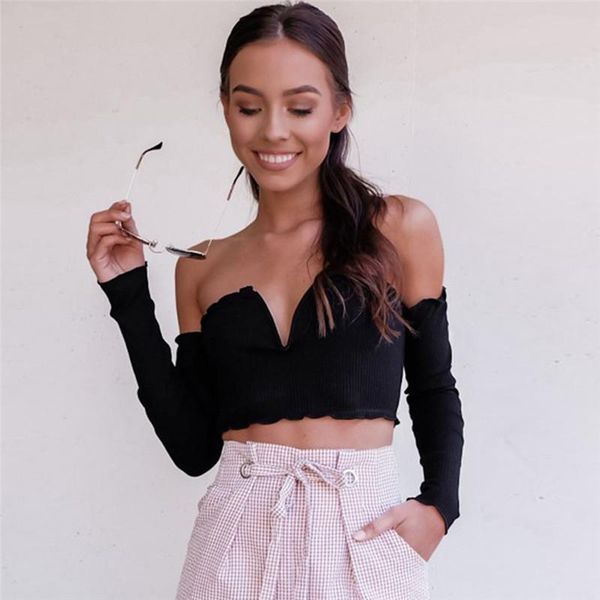 

women's t-shirt women off shoulder long sleeve strapless v-neck crop cotton solid bodycon slim short summer outwear, White