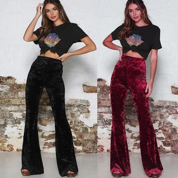 

korean vintage velvet long flare womens legging pants high waist trousers lady casual velour red bell bottom streetwear, Black